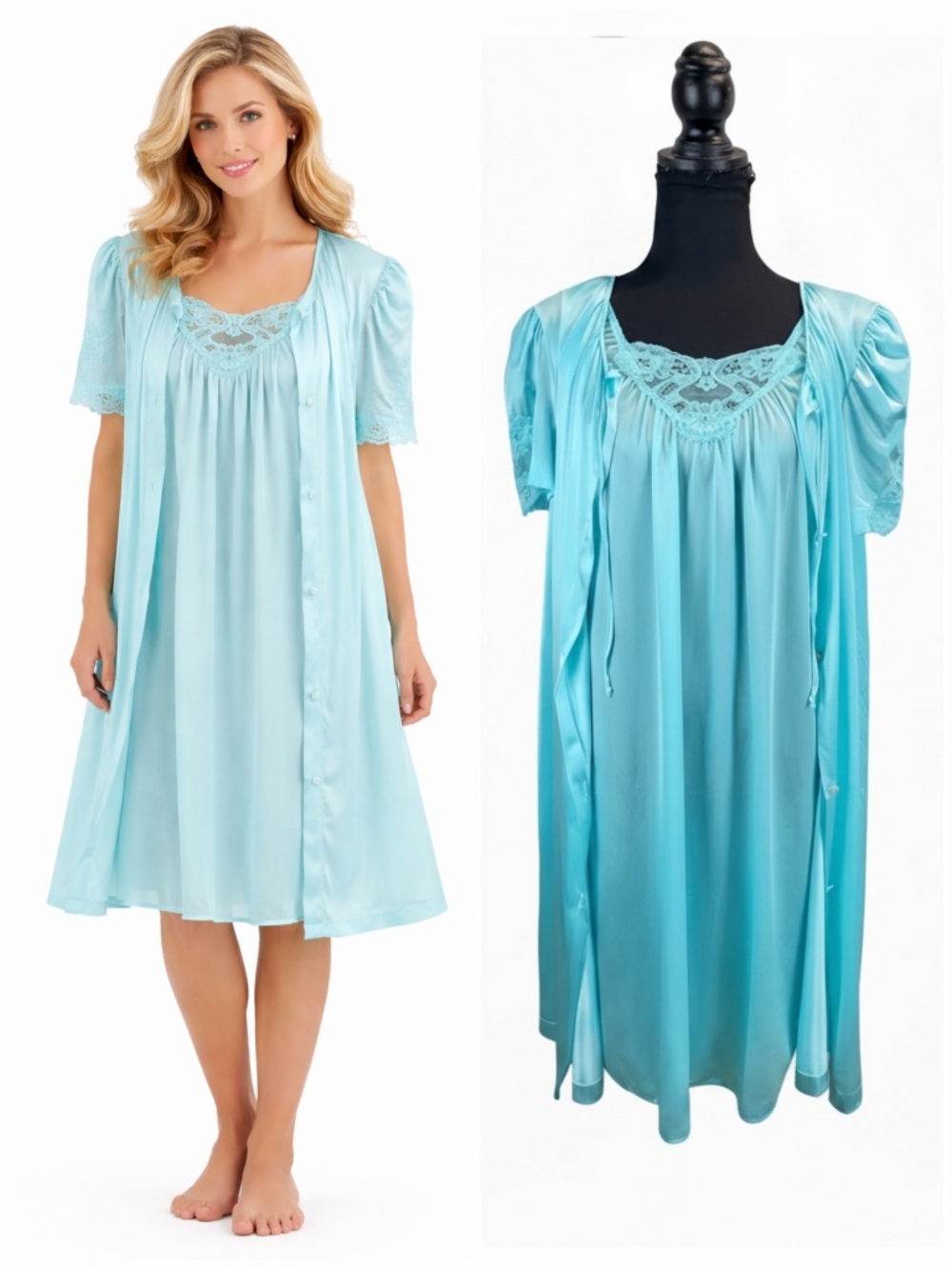Vintage 80s Lorraine Blue Lace Nightgown Robe Set Nylon Cottagecore Large